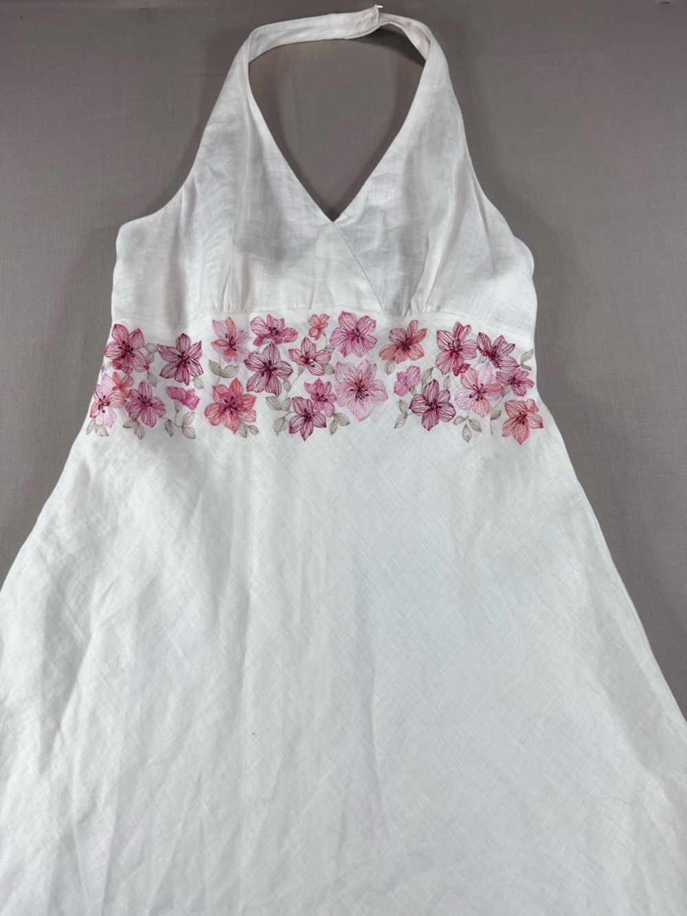 Ann Taylor Women’s Linen Halter Dress Pink Floral Embroidery Empire Waist Midi - Picture 9 of 16